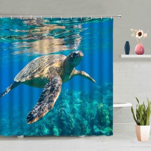 Ocean Animals Turtle Shower Curtains Underwater World Bathroom Decoration Screen Bath Curtain Washable Home Decor With Hooks Set