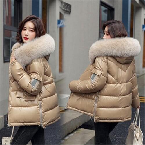 2021 Winter Fashion New Style Short Loose Big Fur Collar Hooded Long-Sleeved Bright Surface Thickened Warm Cotton Jacket Female