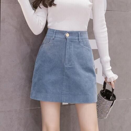 2021 Autumn Winter New Women Korean Fashion Solid High-waist Corduroy Skirt Female Slim All-match Bag Hip A-line Skirts Y629