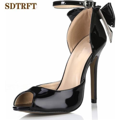 SDTRFT zapatos mujer Ladies Summer Bowtie sandals 12cm thin heels Stilettos Peep Toe wedding shoes woman Ankle Strap Gold pumps
