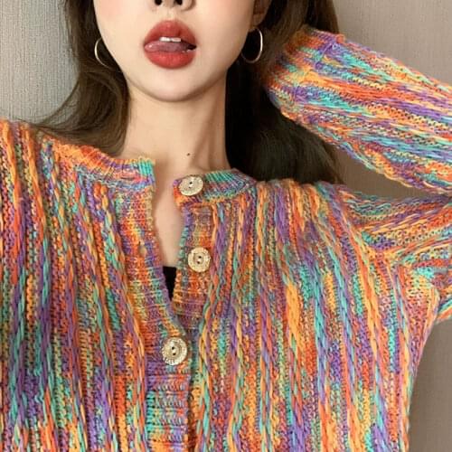 Rainbow Contrast Sweater Cardigan Coat Short Top Womens Loose Sweet Unique Casual Style Sweater
