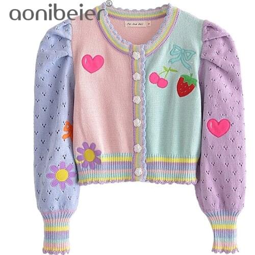 Aonibeier 2021 Za Woman Traf Crop Tops Autumn Y2K Sweet Girls Heart Embroidery Pointelle Sleeve Patchwork Knit Cardigan Sweaters