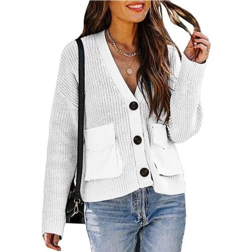 Casual Pockets Sweater Women Long Sleeve Buttons V-Neck Sweaters 2021 Autumn Winter Loose Knitted Cardigan Jumpers Warm Jacket