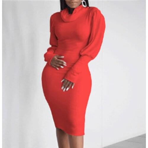 Womens Sexy Bodycon Lantern Sleeve Knee-length Dress Spring Autumn Solid Slim Elastic Turtleneck Casual Ladies Pencil Dresses