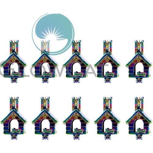 10x C645 Rainbow Colors Doghouse Puppy Bone Beads Cage Jewelry Making Perfume Essential Oil Diffuser Pearl Cage Locket Pendant