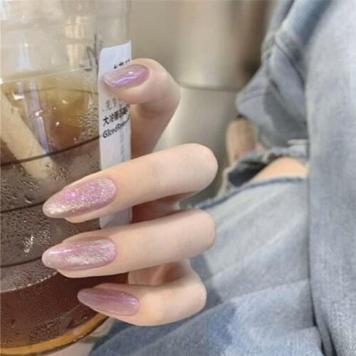 24pcs Fake Nails With Glue Medium And Long Round Purple Flashing Nail Sticker Finished Artificial Nails Press On With Designs Dl