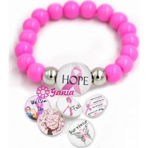 6PCS/LOT 36PCS of Buttons Breast Cancer Awareness Pink Ribbon Jewelry with 18mm Button Interchangeable Breast Cancer Bracelet