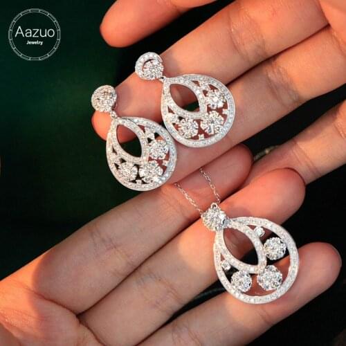 Aazuo 18K Jewelry Set White Gold Real Diamonds Water Drop Earring Necklace With Gold Chain Gift For Women Engagement Party Au750