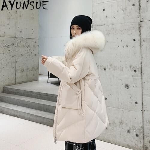 AYUNSUE Womens Jacket Winter 90% White Duck Down Jackets Woman Natural Raccoon Fur Collar Hooded Parkas Long Coats Casaco TN212