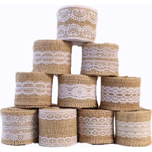 2Meter 5cm Natural Jute Burlap Hessian Lace Ribbon With White Lace Trim Edge Rustic Vintage Wedding Centerpieces Decor