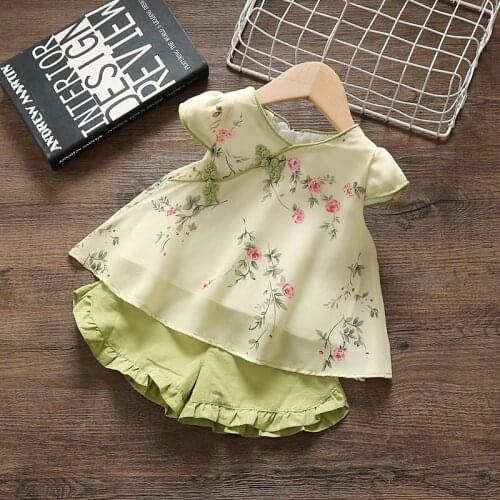 Kids Clothes Chinese Style Hanfu Children New 2021 Girls Shorts Summer Baby Short Sleeve Two Piece Set