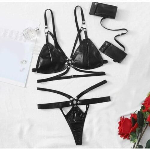 Erotic Leather Lingerie Femme Hollow Out Porno Bra G-string Sexy Underwear Set Plus Size Babydoll Lenceria Backless Sex Langerie