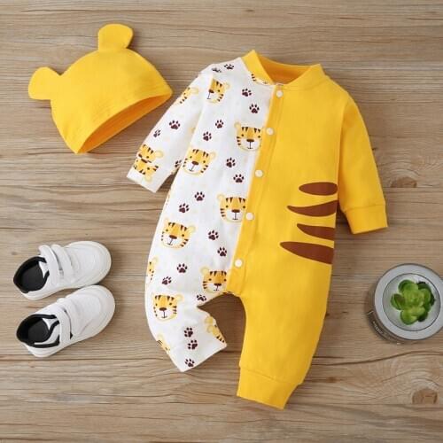 Newborn Baby Boy Romper 2pcs Set Cotton Cute Cartoon Animal Tiger Patchwork Single Breasted Long Sleeve Baby Jumpsuit+hat 0-18M