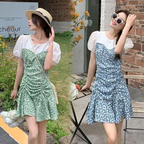 Summer chic floral fake two-piece dress high waist vestidos de festa pastel Dresses for Women