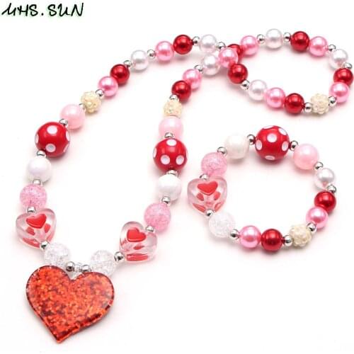 MHS.SUN Fashion Design Valentines Day Jewelry Set Girls Kids Beads Necklace Bracelets With Heart Pendant Beaded Accessories