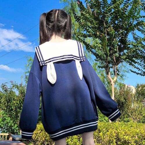 Vintage Harajuku Cute Baby Doll Women Sweet Sweatshirt Japanese Soft Girl Preppy Style Sailor Collar Rabbit Ears Lolita Tops Y2k