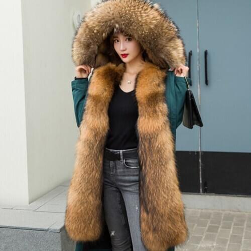 2020 New Natural Muskrats Fur Parka Big Raccoon Fur Collar Hooded Warm Jacket Coat Stately High Quality