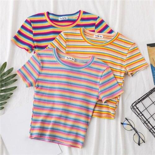 New T Shirt Women Rainbow Striped Tops Slim Fit t shirt Fashion Tshirt Summer Short Sleeve Korean T-shirt feminina Clothes Tops