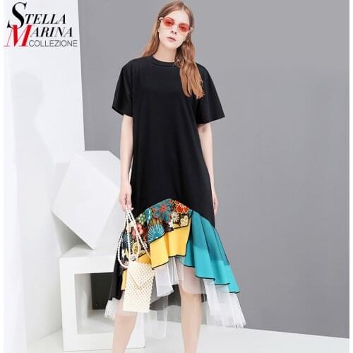 New Unique Style Woman Summer Casual Black Dress Colorful Printed Hem Girls Cute Midi Dress Holiday Dress Style Robe Femme 5198