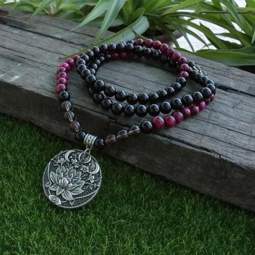 8mm Rose Tigers Eye And Black Onyx Beads Necklace,With Lotus Pendant design Mala,108 Bead Mala, Mala Jewelry, Mala Prayer Beads