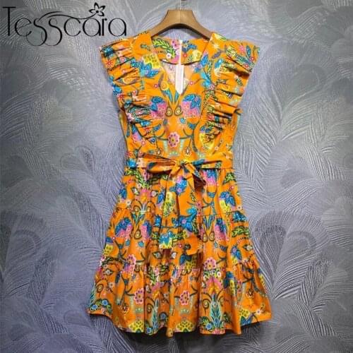 TESSCARA Women Summer Elegant V-Neck Dress Festa Female High Quality Party Robe Femme Runway Print Designer Short Mini Vestidos