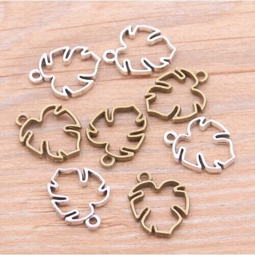 PULCHRITUDE 20PCS 14*19mm Two Color Hollow Out Leaf Charms Plant Pendant Jewelry Metal Alloy Jewelry Marking
