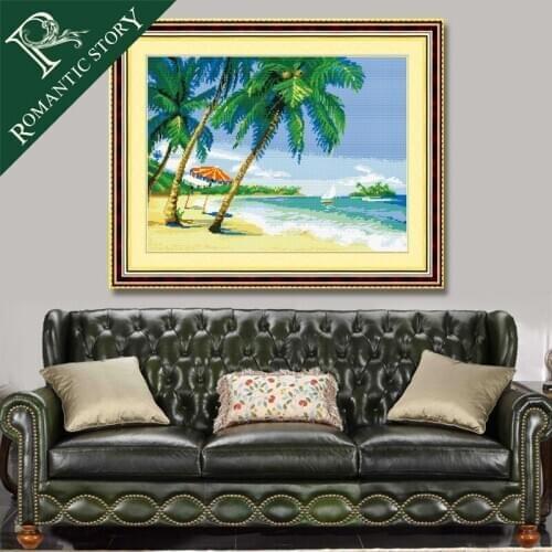 Romantic Story Seaside Beach Paintings Counted DIY Cross Stitch Cotton Fabric Embroidery Cross Stitch Kits all for Needlework