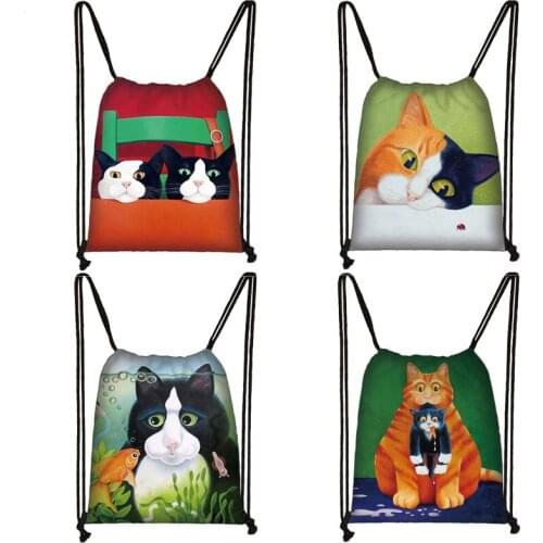 Lovely Orange Cat Printing Backpack Ladies Shopping Drawstring Bag Women Large Capacity Leisure Crown Black Cat Canvas Bags Gift