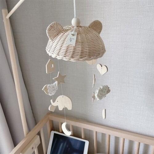 INS Nordic Rattan Wind Chime With Wooden Pendant Kids Room Decoration Wall Hanging Ornaments Baby Comfort Toy Play Tent Bed Bell