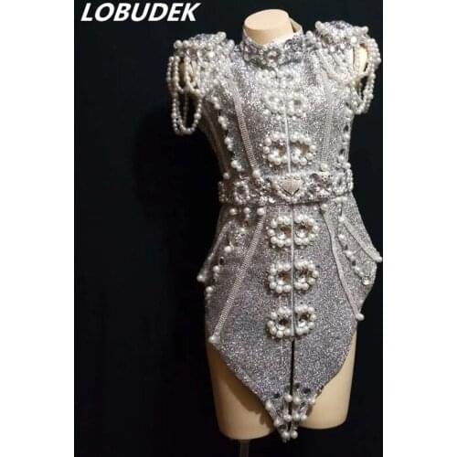 2019 Rhinestones Pearls Silver Dress Fashion Nightclub Party Costume Bar Female Singer Concert Stage Outfit Jazz Team Dance Wear