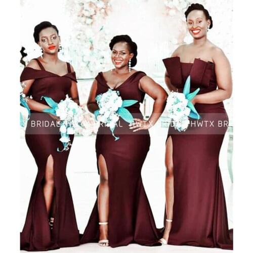 Burgundy Satin Mermaid Bridesmaid Dresses with Side Slit Off the Shoulder African Wedding Party Dress Formal Gown Customize