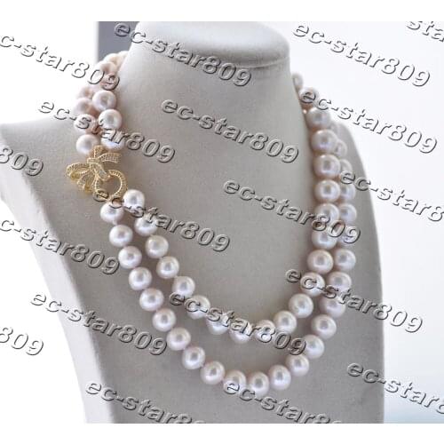 Z11281 2row 18" 13mm White Round Edison Keshi Pearl Necklace Bowknot CZ Women Fine Jewelry