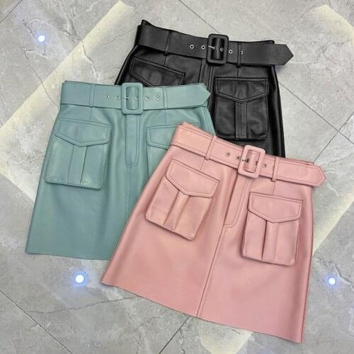 Spring Autumn New Designer Womens Genuine pockets Belt skirts High quality sheepskin High-rise leather skirt C675