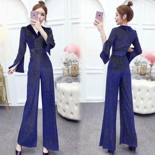 2021 Spring Autumn Women V-neck Button Jumpsuit Lady Gold Velvet Solid Elastic Waist Overalls Female Loose Wide Leg Romper O297