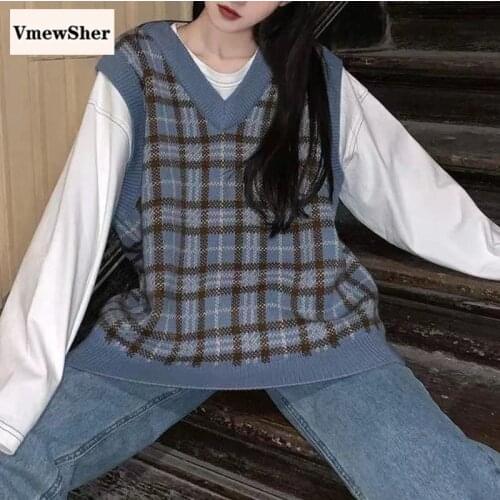 VmewSher New Spring Autumn Plaid Women Sweater Vest V Neck Ladies Color Block Sleeveless Knitted Pullover Stylish Jumper Tops
