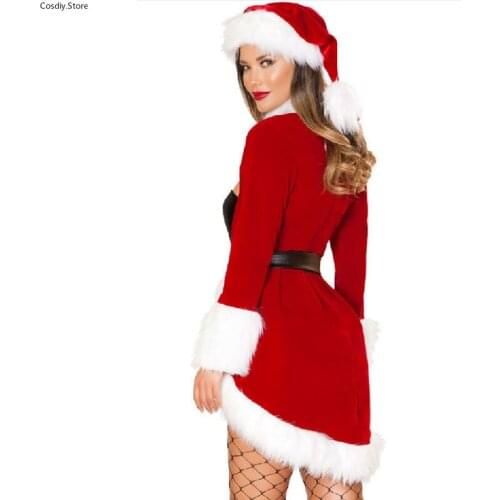 Women Mrs Santa Claus Club Erotic Outfit Tail Dress Velvet Coat Holiday Suit for Girls Sexy Christmas Costume Tuxedo Robe Xmas