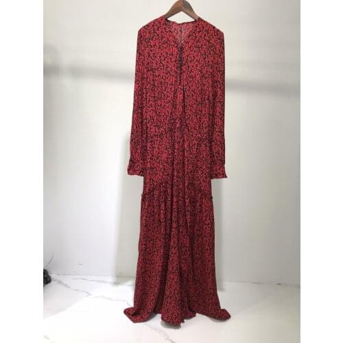 2021ss Woman Red Floral Print long Dress V-neck Long Sleeves Long DRESS elastic waist Fashion Dress