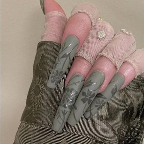 24pcs/Set European Coffin Fake Nails Extra Long Flower Painting Artificial Ballet Full Nail Art Tips with Glue Manicure Tools