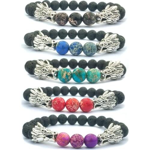 Ashmita Animal Dragon Head Bracelet Men Jewelry Fashion Black Frosted Volcano Lava Stone Beads