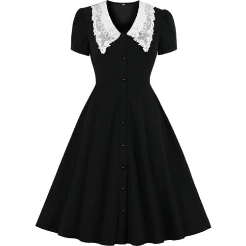 Black Summer Women Casual Swing A Line Cotton Dress Lace Peter Pan Collar Short Sleeve Pinup 50s 60s Vintage Rockabilly Dresses
