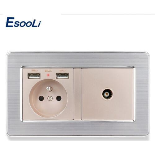 ESOOLI 2 Gang Wall Power French Standard Electrical Socket+USB Charge Port With Female TV Jack Double Outlet 16A Stainless steel