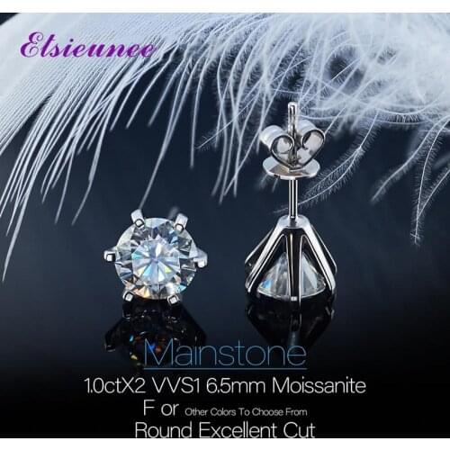 ELSIEUNEE Classic 100% 925 Sterling Silver Round Cut 1.0ct Moissanite Earrings Luxury Propost Engagement Ear Stud Fine Jewelry