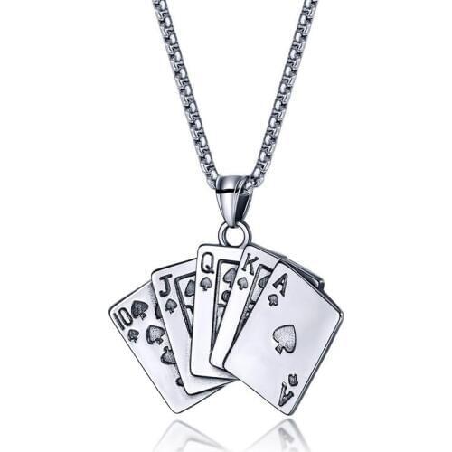 Fashion Hip Hop Rock Playing Card Necklace Mens Personality Punk Tonghuashun Stainless Steel Pendant Perform Magic Jewelry Gift