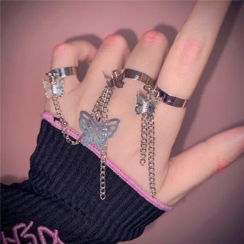 Fashion Hip-hop Dark Wind Butterfly Chain Ring Tassel Set Opening Adjustable Ring Punk Style Personality Three-ring Ring Female