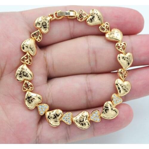 Gold Color AAA+ Cubic Zirconia Fashion Women Clear CZ Laser Stamped Love Hearts Link Bracelet Jewelry