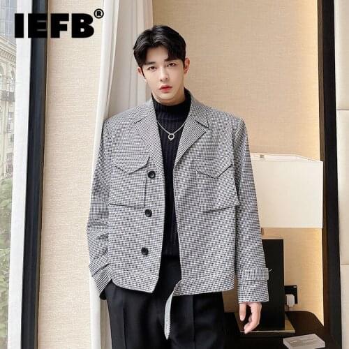 IEFB Notched Collar Three-dimensional Large Pocket Black And White Lattice Jacket Coat 2021 New Autumn Mens Short Coats 9Y8785