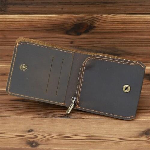 Genuine Real Leather Mens Wallet Small Crazy Horse Vintage Zipper Coin Purse Credit Band ID Card Case Holder Male Retro Bag