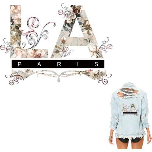 New Fashion LA Paris Flower Letter Iron On Transfer For T-Shirt Hoodies Women Clothing Patches DIY Washable Stripes On Clothes