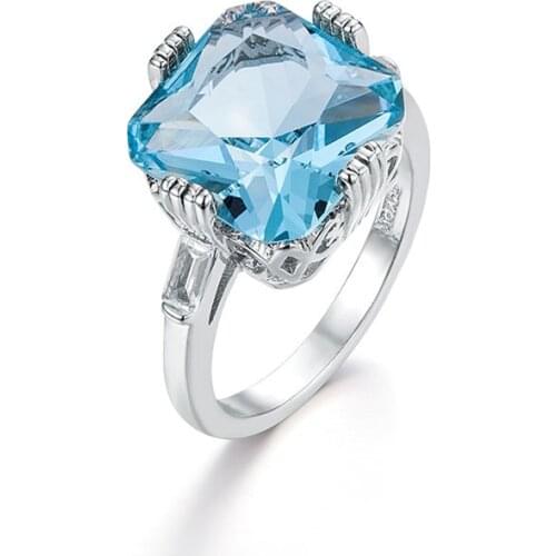 2020 Newest Shiny Square Stone Blue Clear Crystal Rings For Women Wedding Engagement Zircon Rings Jewelry Gifts Accessories