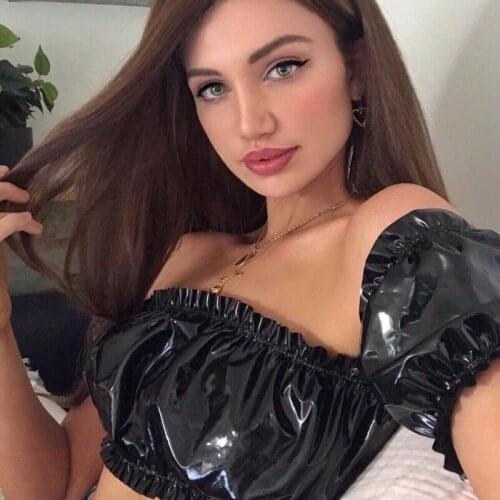 2021 New Black PVC Latex Sexy Punk Gothic T-shirt Exotic Faux Leather Gauze Patchwork Tops PVC Mesh Top Club Party Costume